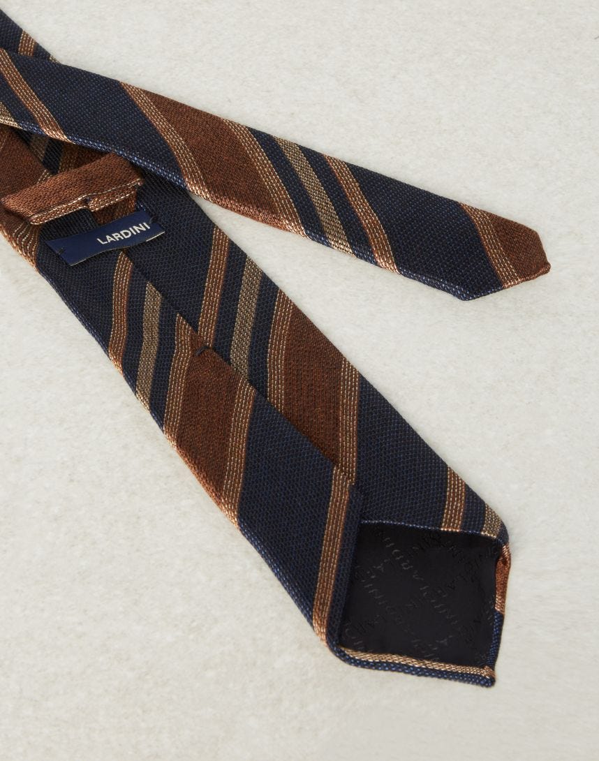 Cravatta regimental in cotone, lana e seta blu e beige