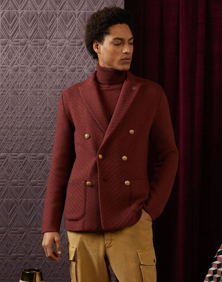 Double-breasted knitted jacket with diagonal jacquard patterning