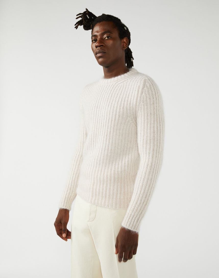 Round-neck sweater in cream-coloured mohair and silk