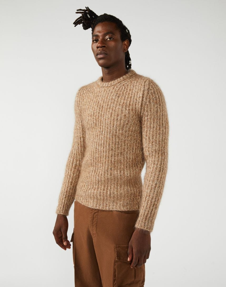 Round-neck mohair-and-silk sweater in a beige and camel colourway