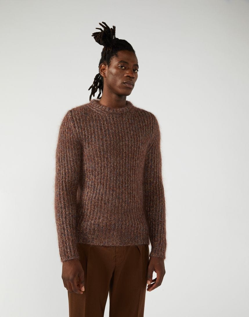 Round-neck mohair-and-silk sweater in a camel-brown and blue colourway