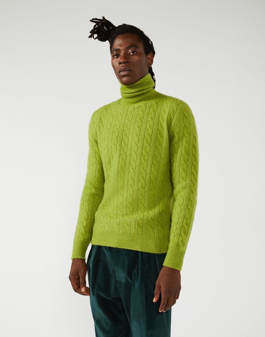 Long-sleeve turtleneck in green cashmere and silk