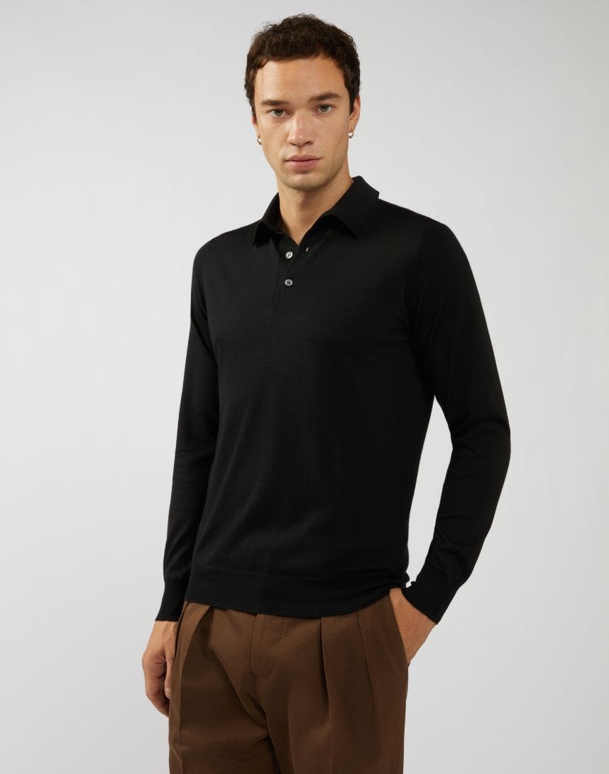 Long-sleeve polo shirt in black cashmere and silk
