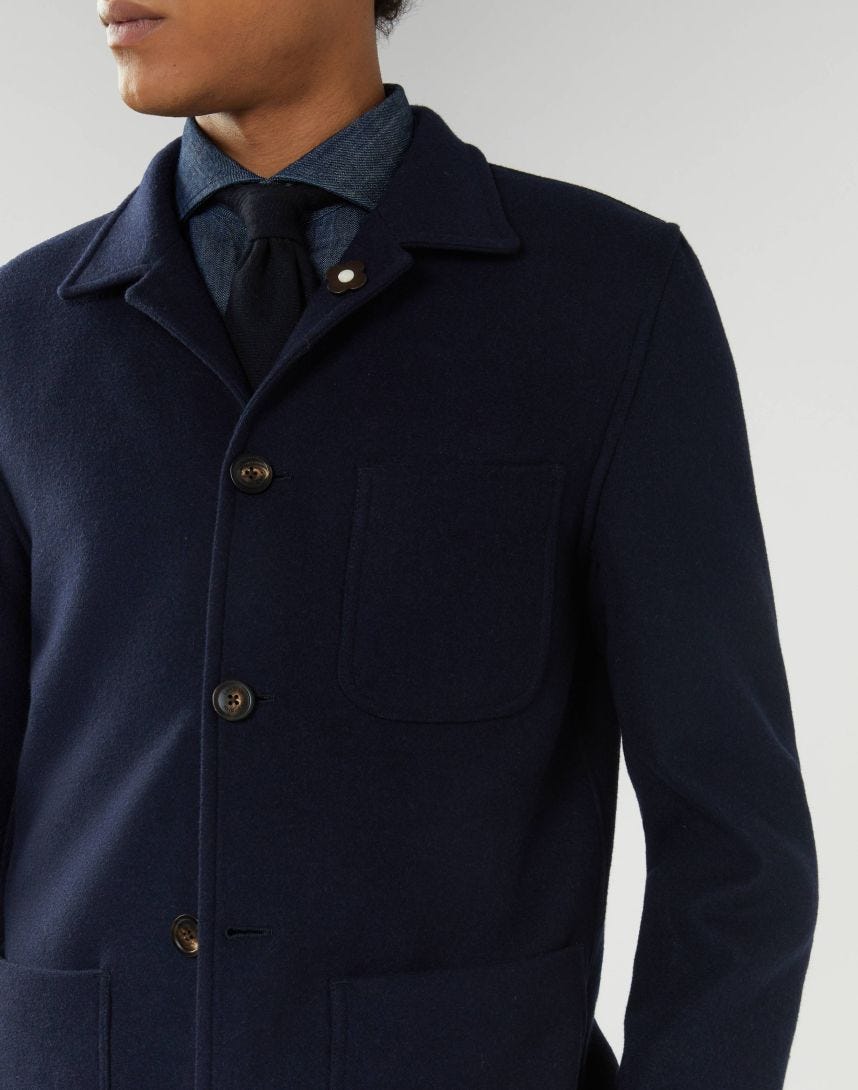 Giacca camicia blu in lana, cashmere e seta