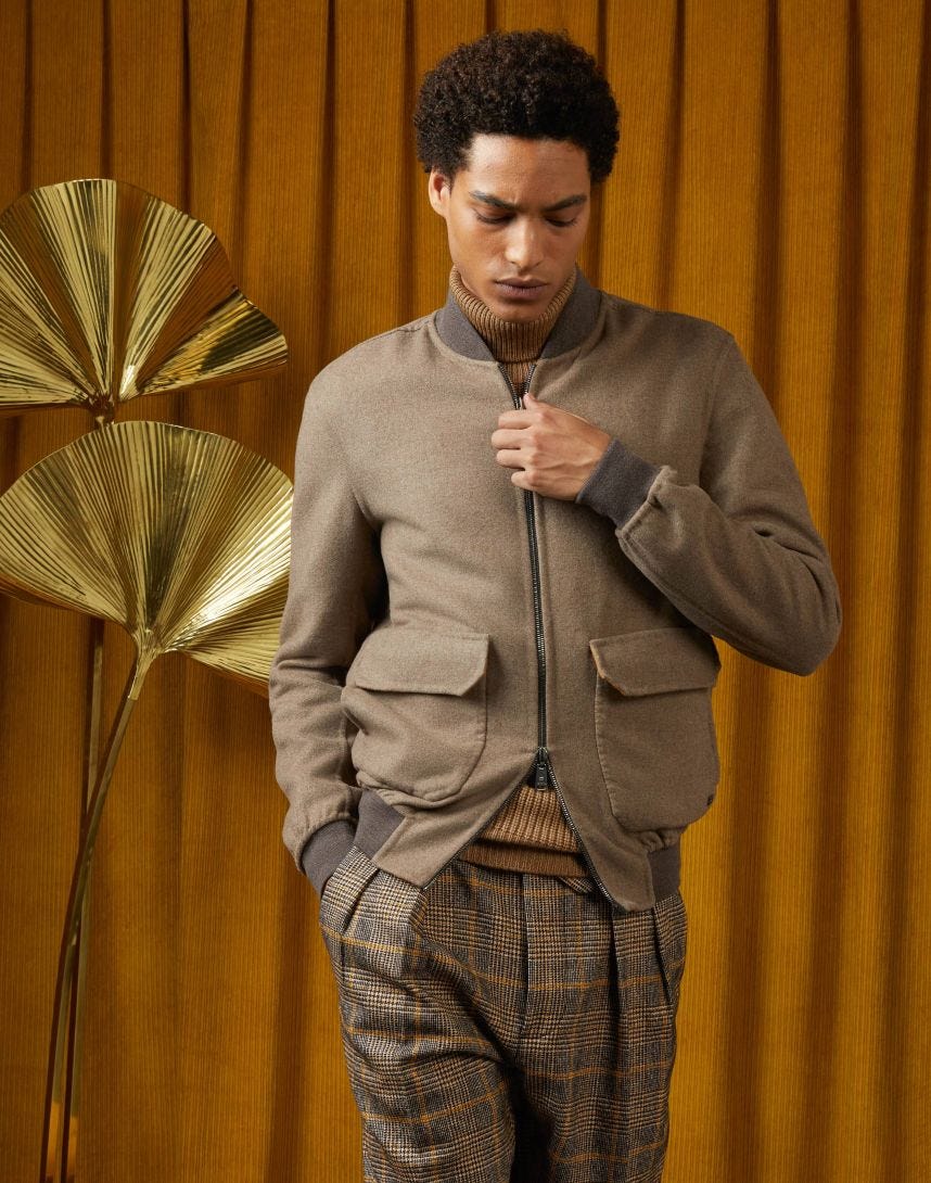 Double-face beige-and-mustard jacket in wool, cashmere and silk