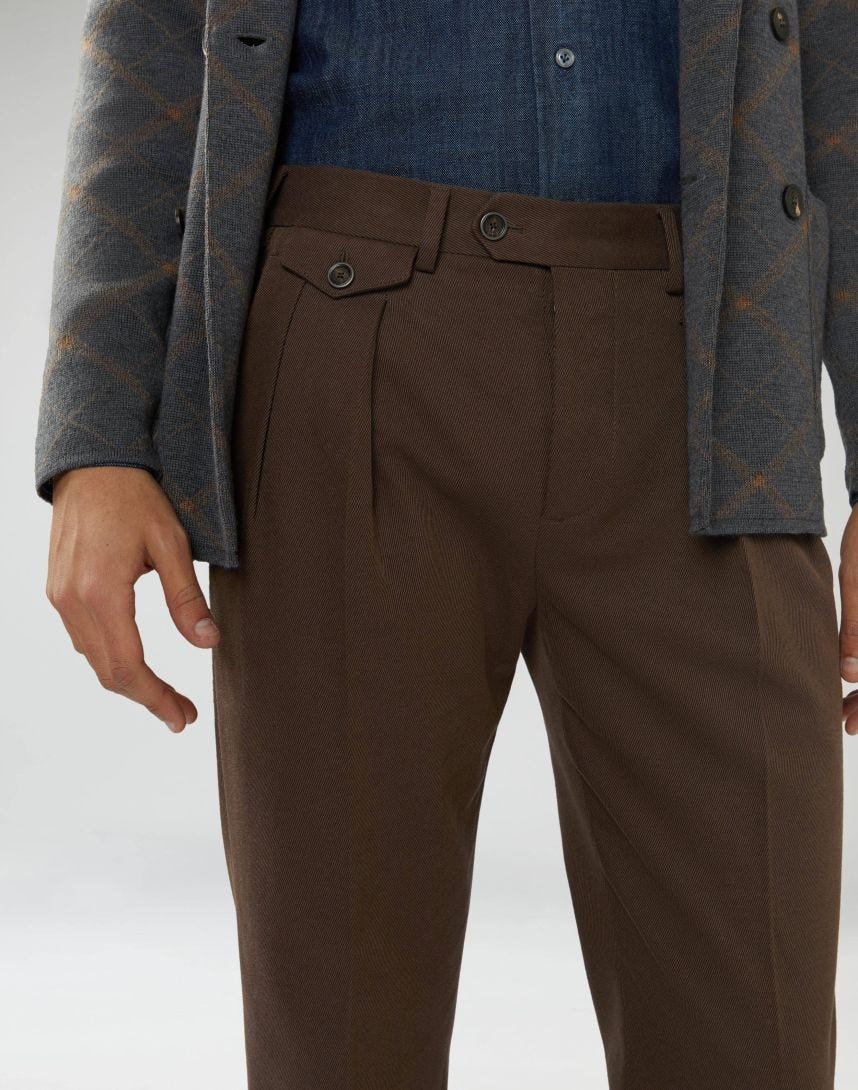 Pantalon marron et beige en laine et coton stretch 