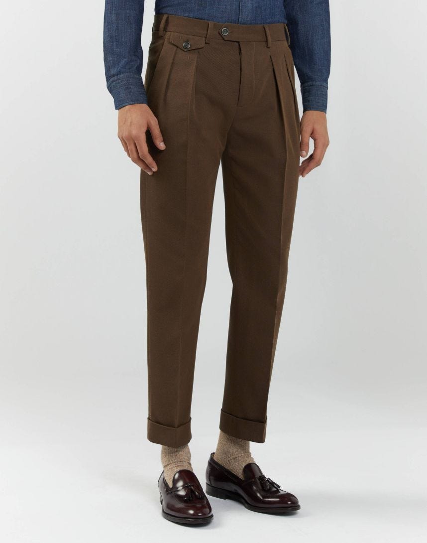 Pantalon marron et beige en laine et coton stretch 