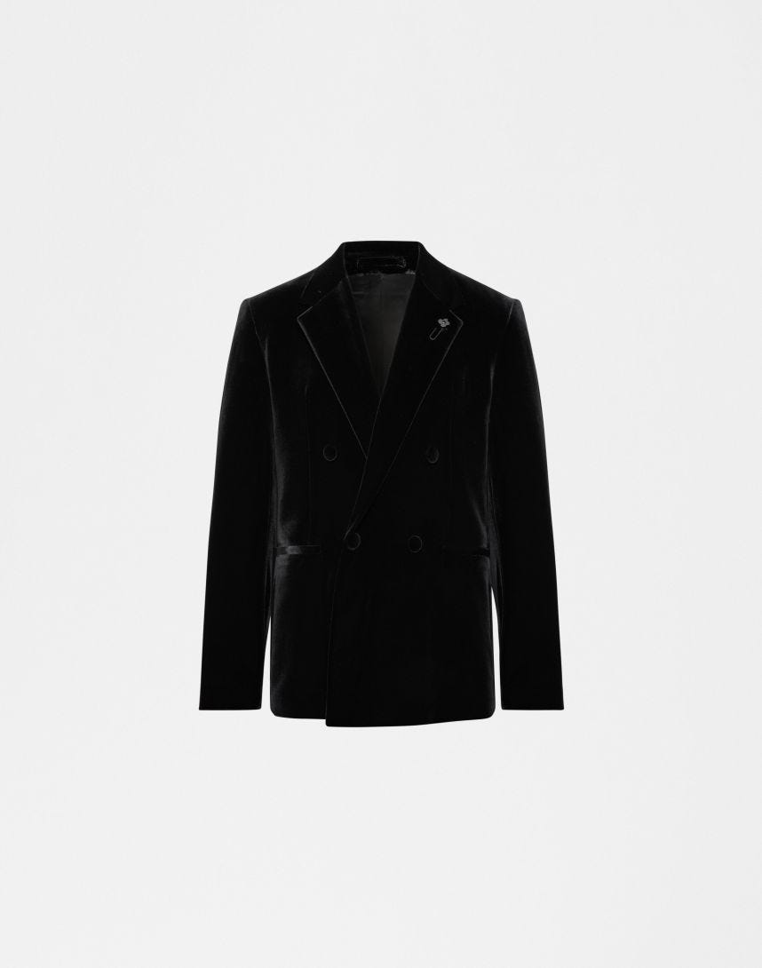 Black double-breasted velvet blazer