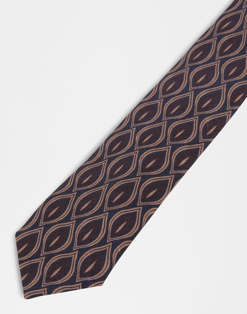 Brown, blue and beige silk necktie with geometric print