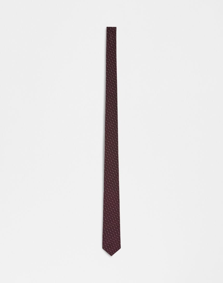 Cravate en soie imprimée bordeaux, beige et noir