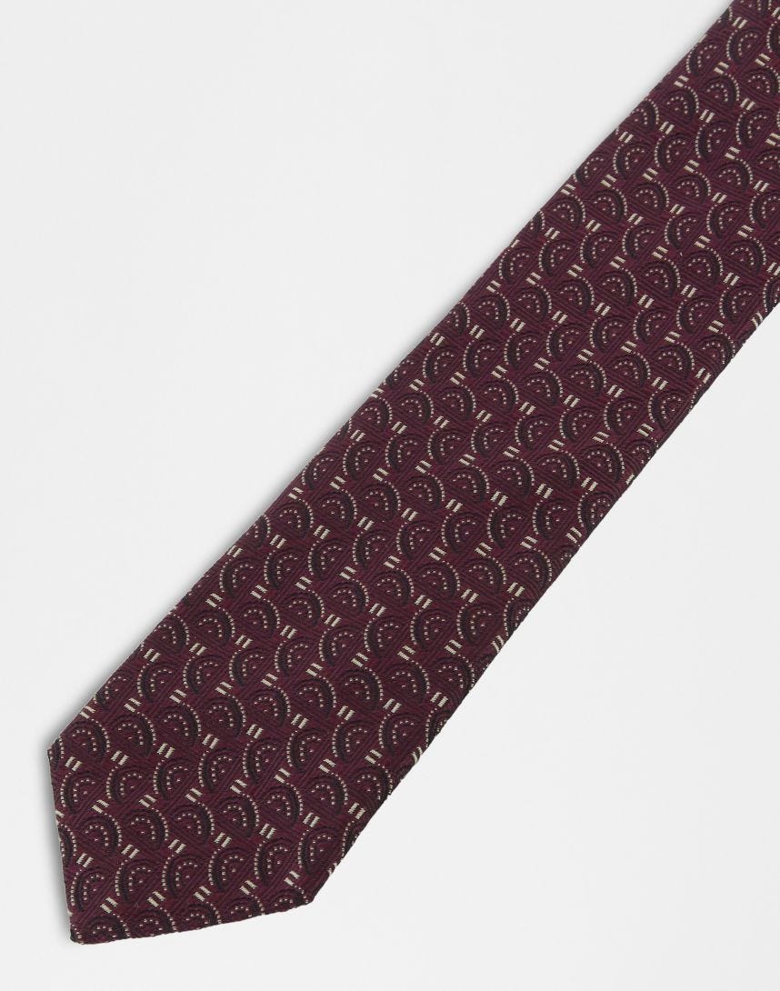 Burgundy, beige and black silk necktie with geometric print