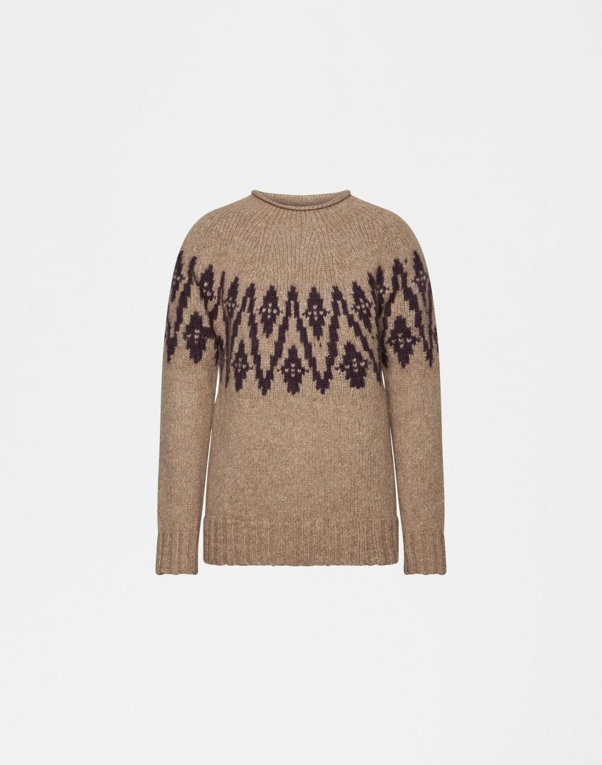 Beige and violet jacquard knit crew neck sweater