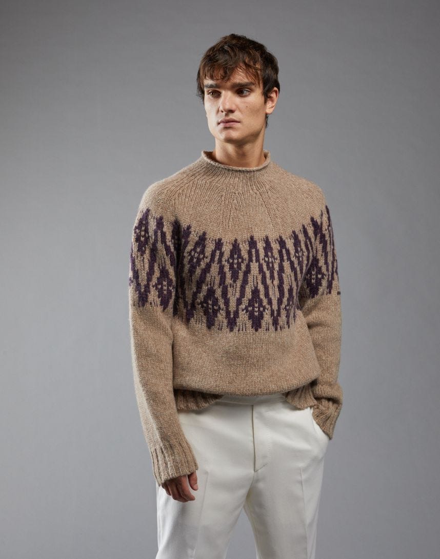Beige and violet jacquard knit crew neck sweater