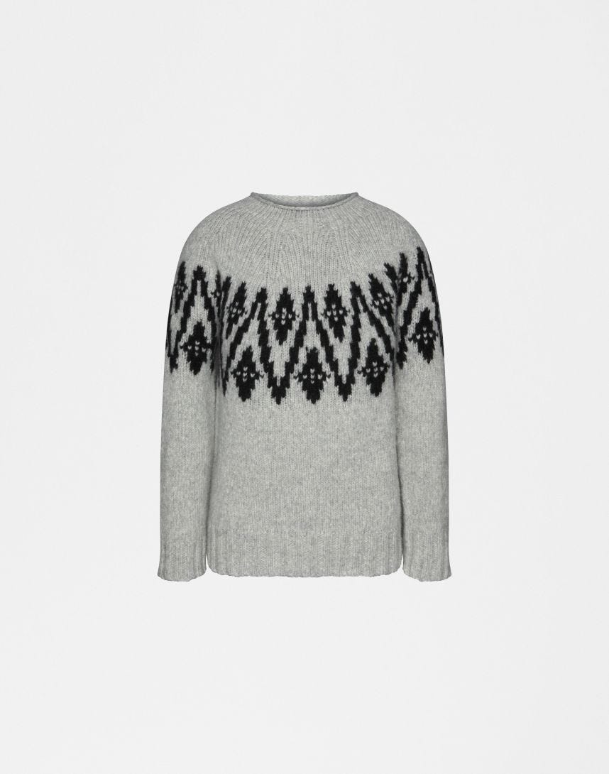 Gray and black jacquard knit crew neck sweater