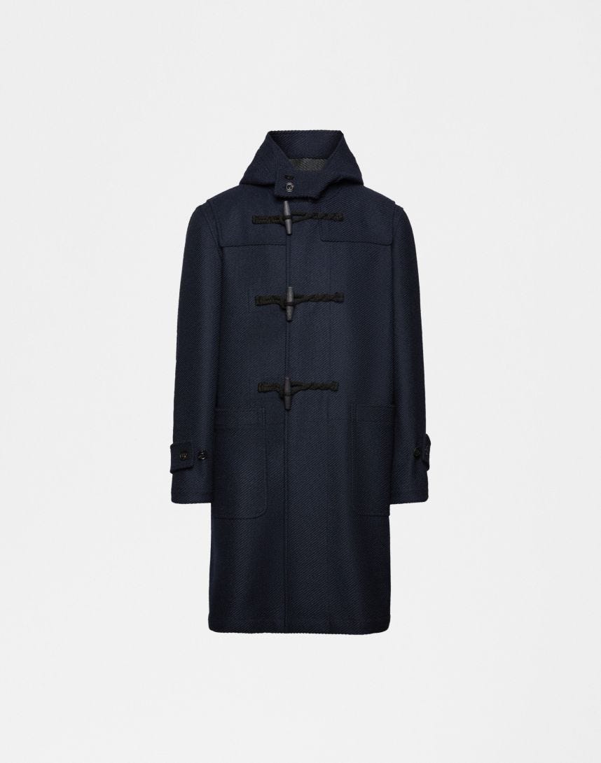 Blue hooded duffel coat