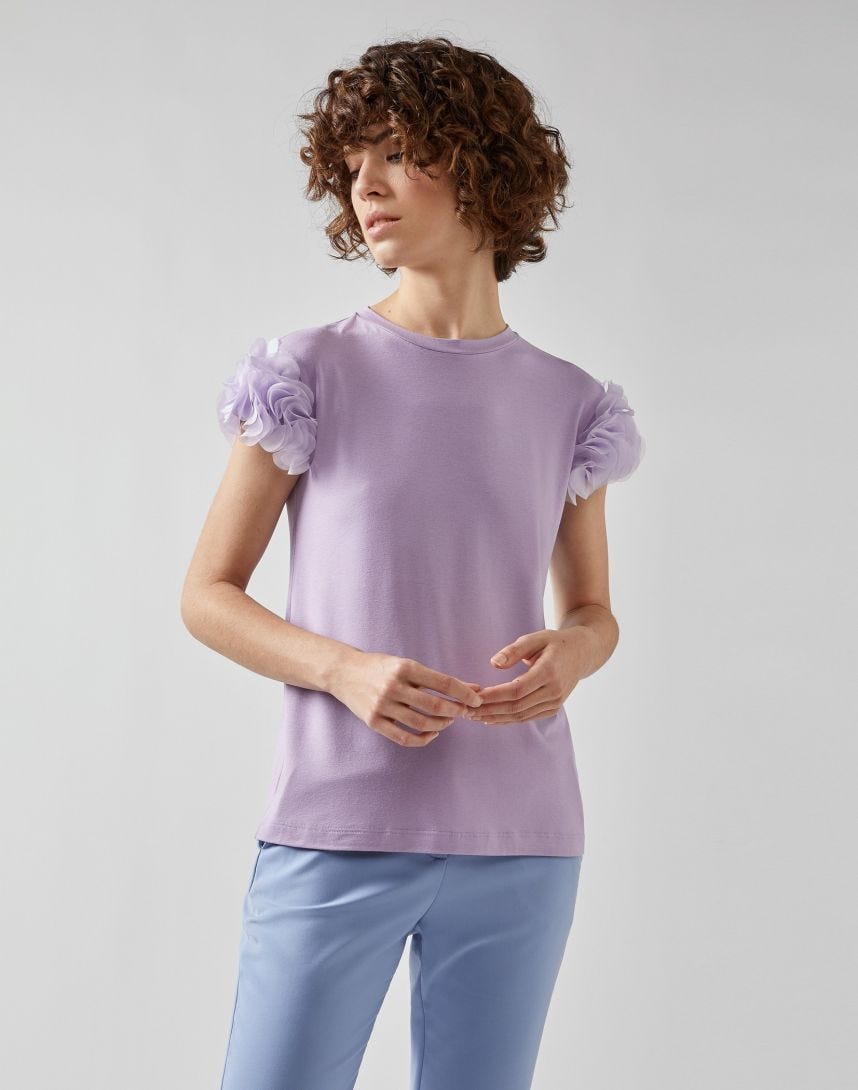 Viscose jersey crew-neck top with chiffon details