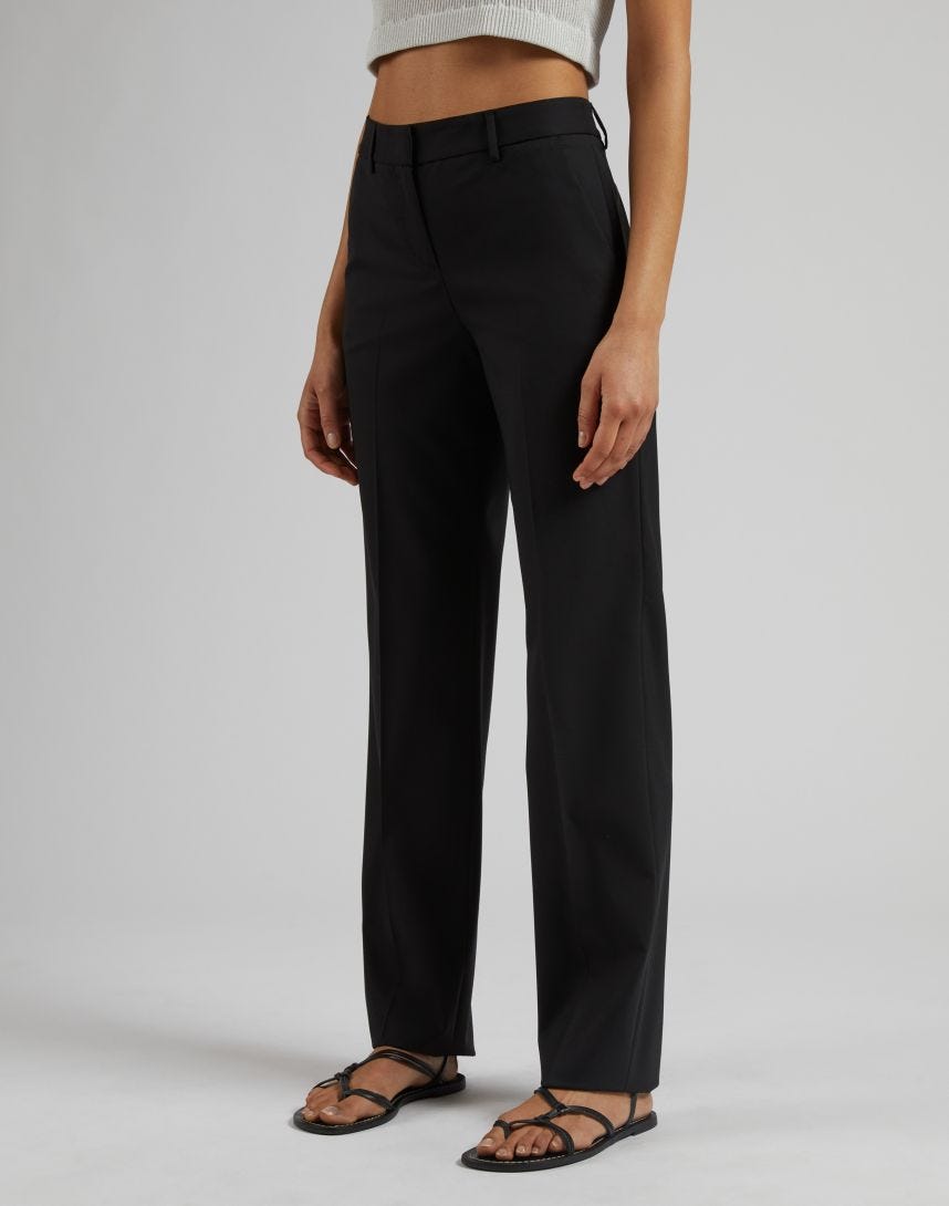 Black stretch wool fabric regular straight-leg trousers