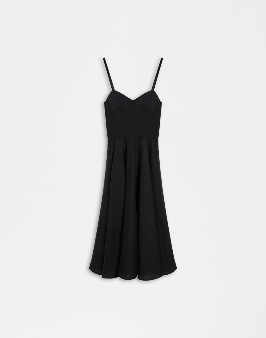 Kleid aus schwarzem Leinenstoff mit Midirock