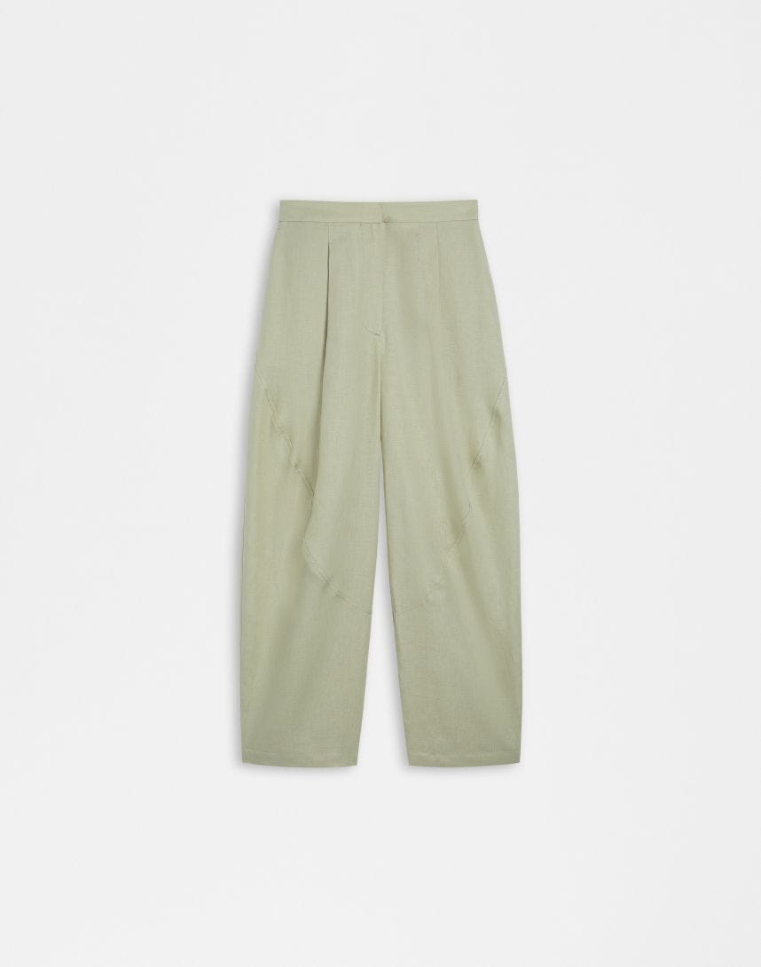 Green linen cloth loose-fitting, low-waisted trousers
