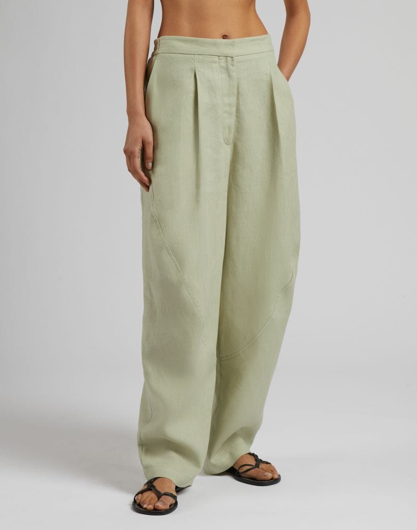 Pantalone ampio a vita bassa in tela di lino verde