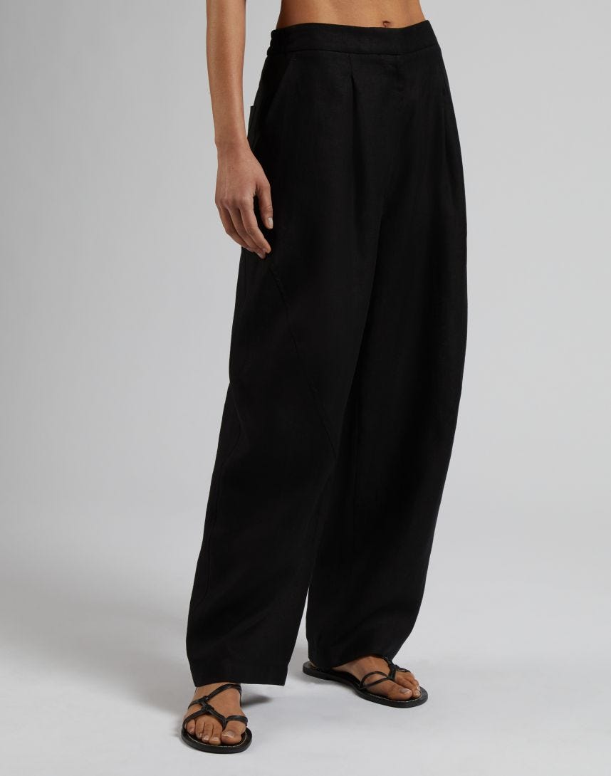 Pantalone ampio a vita bassa in tela di lino nero