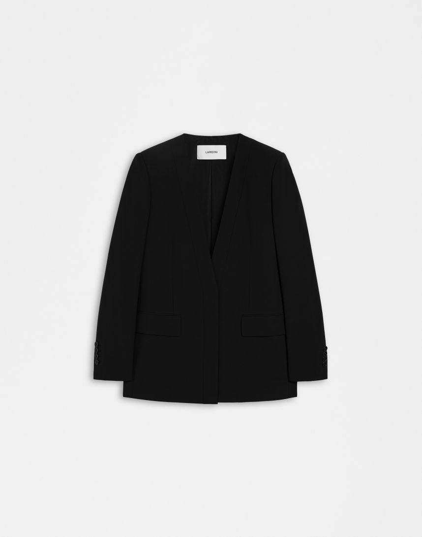 Einreihige kragenlose Jacke aus schwarzem Stretch-Wollstoff