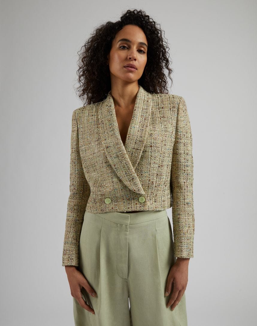 Veste courte en tweed de coton tressé avec lurex vert
