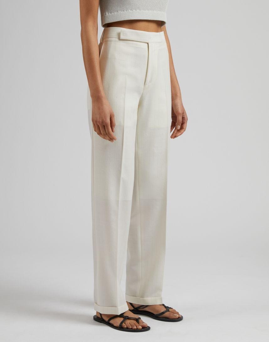 Silver and white pinstripe lurex wool canvas trousers