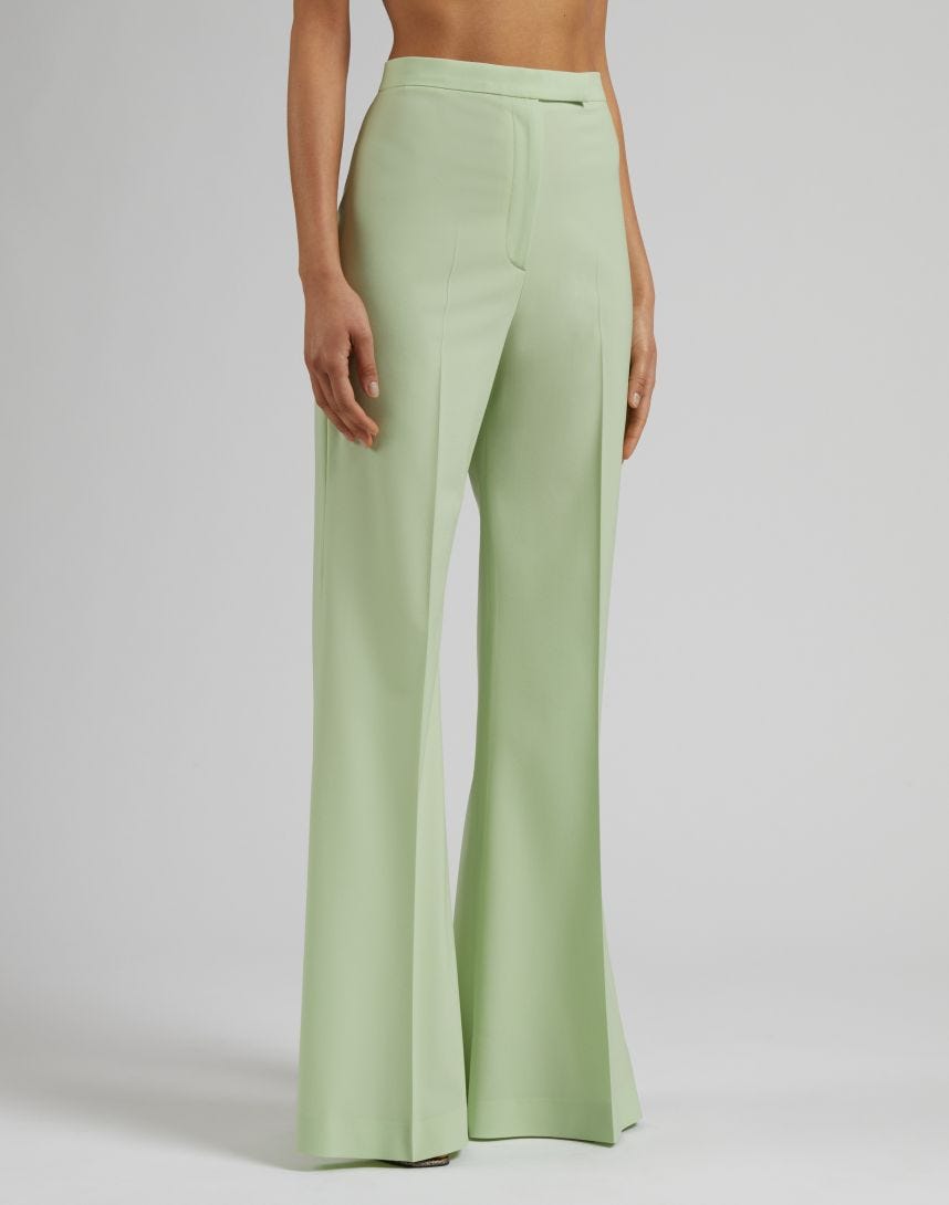 Pantalon vert à taille haute et fond évasé en toile de laine stretch
