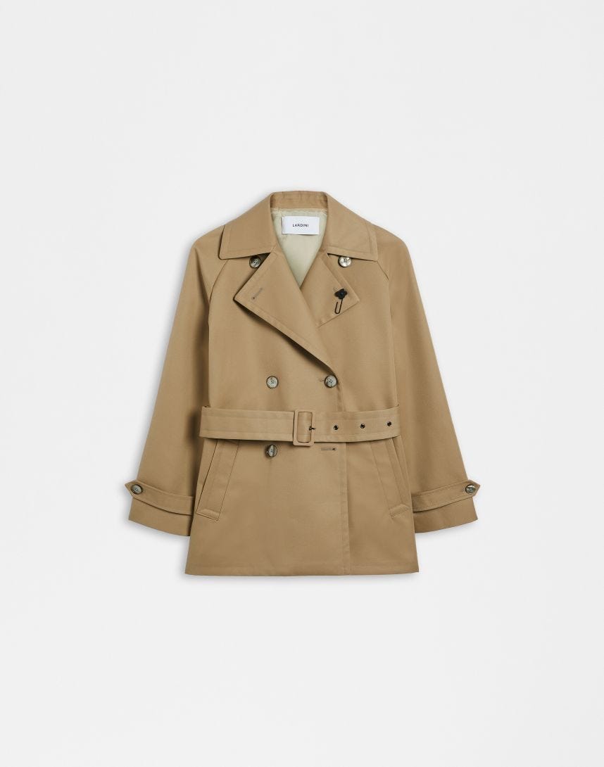 Beige water-repellent double-breasted short trench coat